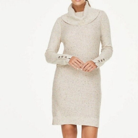 LOFT Cream Marled Knit Cowl Neck Button Sleeve Oatmeal Dress - Picture 1 of 11